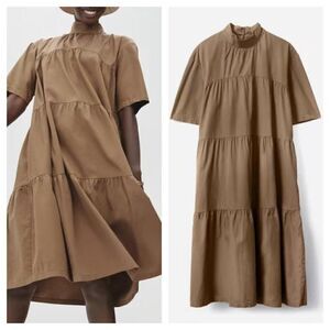 Everlane The Tiered Midi Dress Cotton Mock Neck Short Sleeve Tan XS